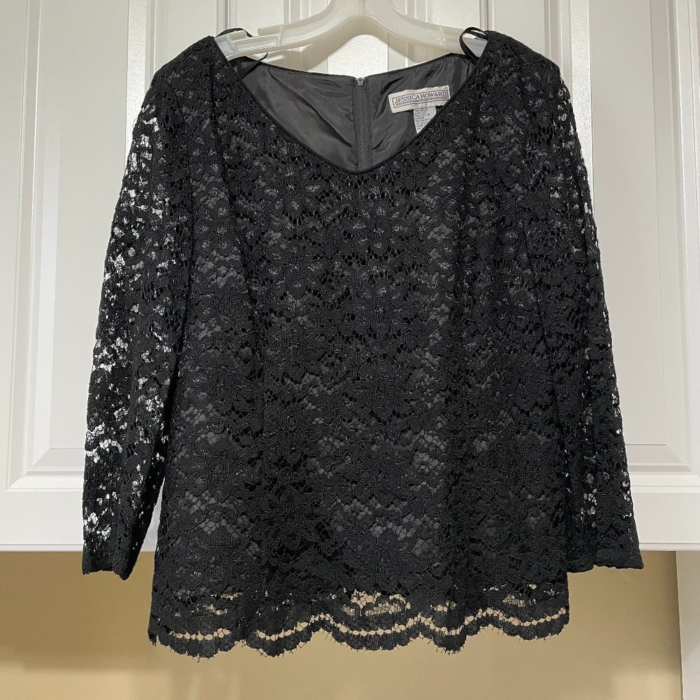 Jessica Howard black V neck Lined Lace 3/4 Sleeve Dressy Womans Top Size 16